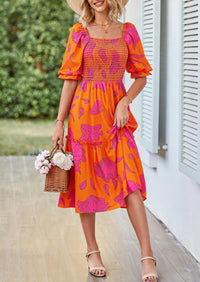 PRETTYGARDEN Women's Summer Casual Dresses Spring Puff Sleeve Square Neck A Line Flowy Boho Floral Smocked Midi Dress PRETTYGARDEN