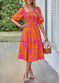 PRETTYGARDEN Women's Summer Casual Dresses Spring Puff Sleeve Square Neck A Line Flowy Boho Floral Smocked Midi Dress PRETTYGARDEN