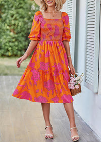 PRETTYGARDEN Women's Summer Casual Dresses Spring Puff Sleeve Square Neck A Line Flowy Boho Floral Smocked Midi Dress PRETTYGARDEN