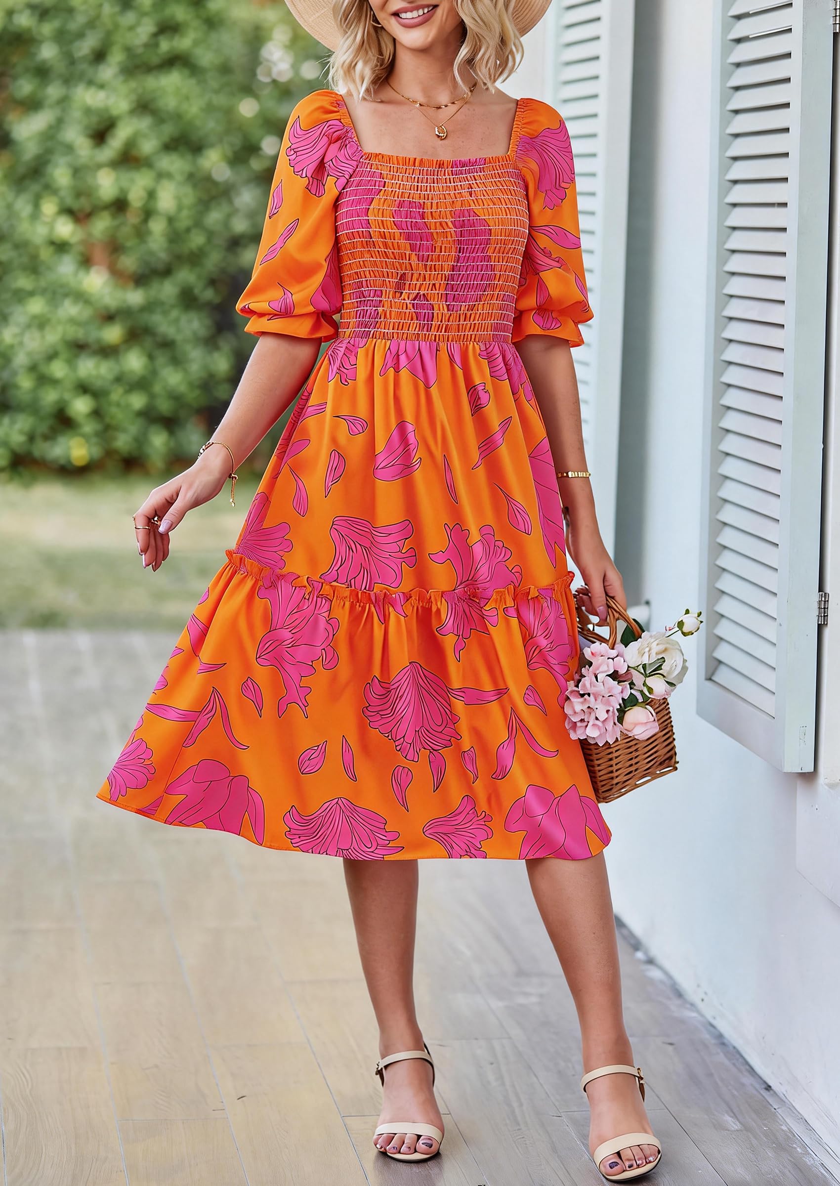 PRETTYGARDEN Women's Summer Casual Dresses Spring Puff Sleeve Square Neck A Line Flowy Boho Floral Smocked Midi Dress PRETTYGARDEN