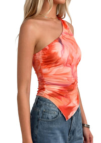 PRETTYGARDEN Women's Floral Mesh Tops Summer Asymmetrical One Shoulder Sleeveless Ruched Shirts Spring Going Out Clothes PRETTYGARDEN