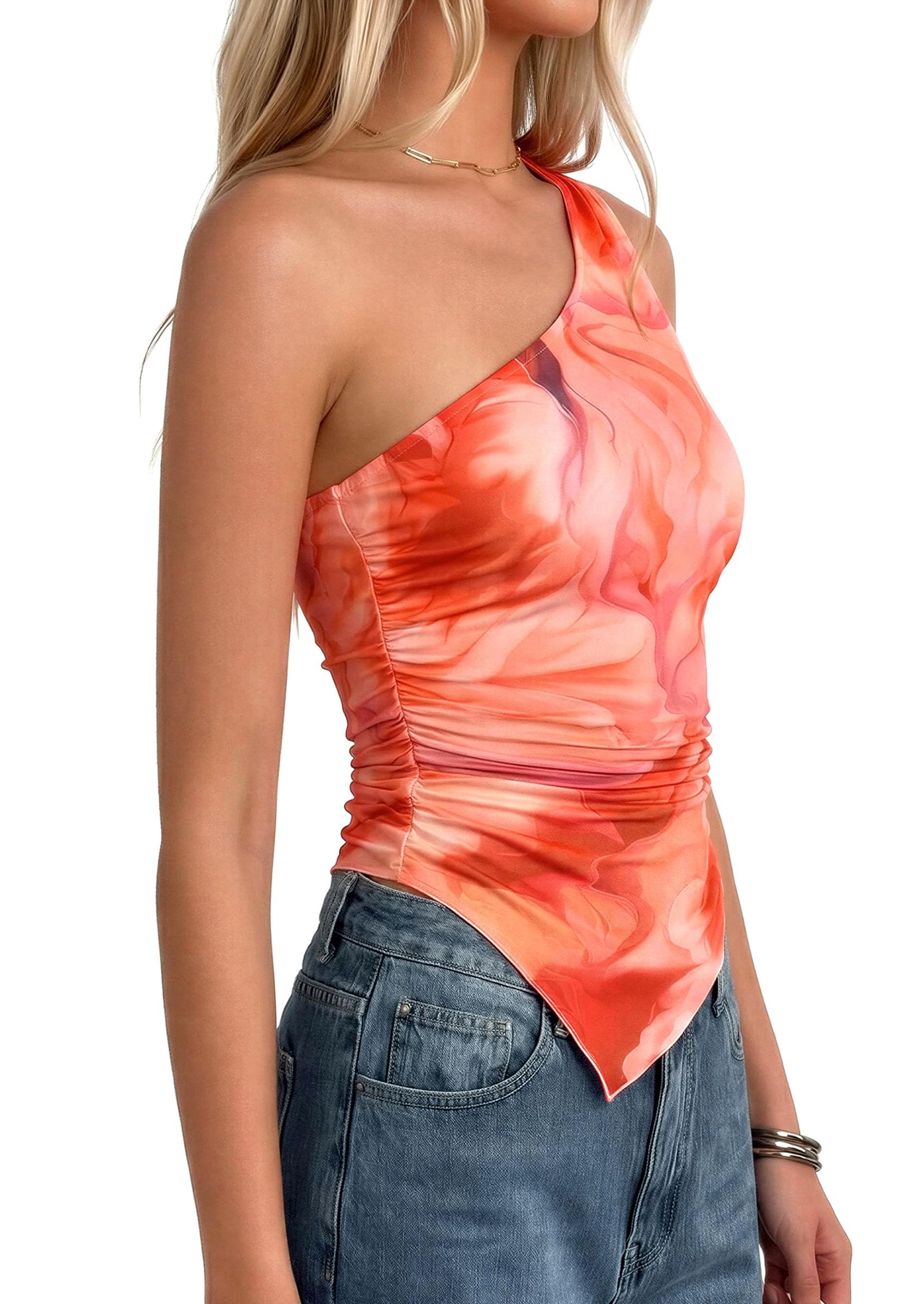 PRETTYGARDEN Women's Floral Mesh Tops Summer Asymmetrical One Shoulder Sleeveless Ruched Shirts Spring Going Out Clothes PRETTYGARDEN