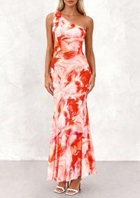 PRETTYGARDEN Womens Summer One Shoulder Maxi Dress Floral Sleeveless Bodycon Mesh Long Formal Wedding Guest Dresses PRETTYGARDEN