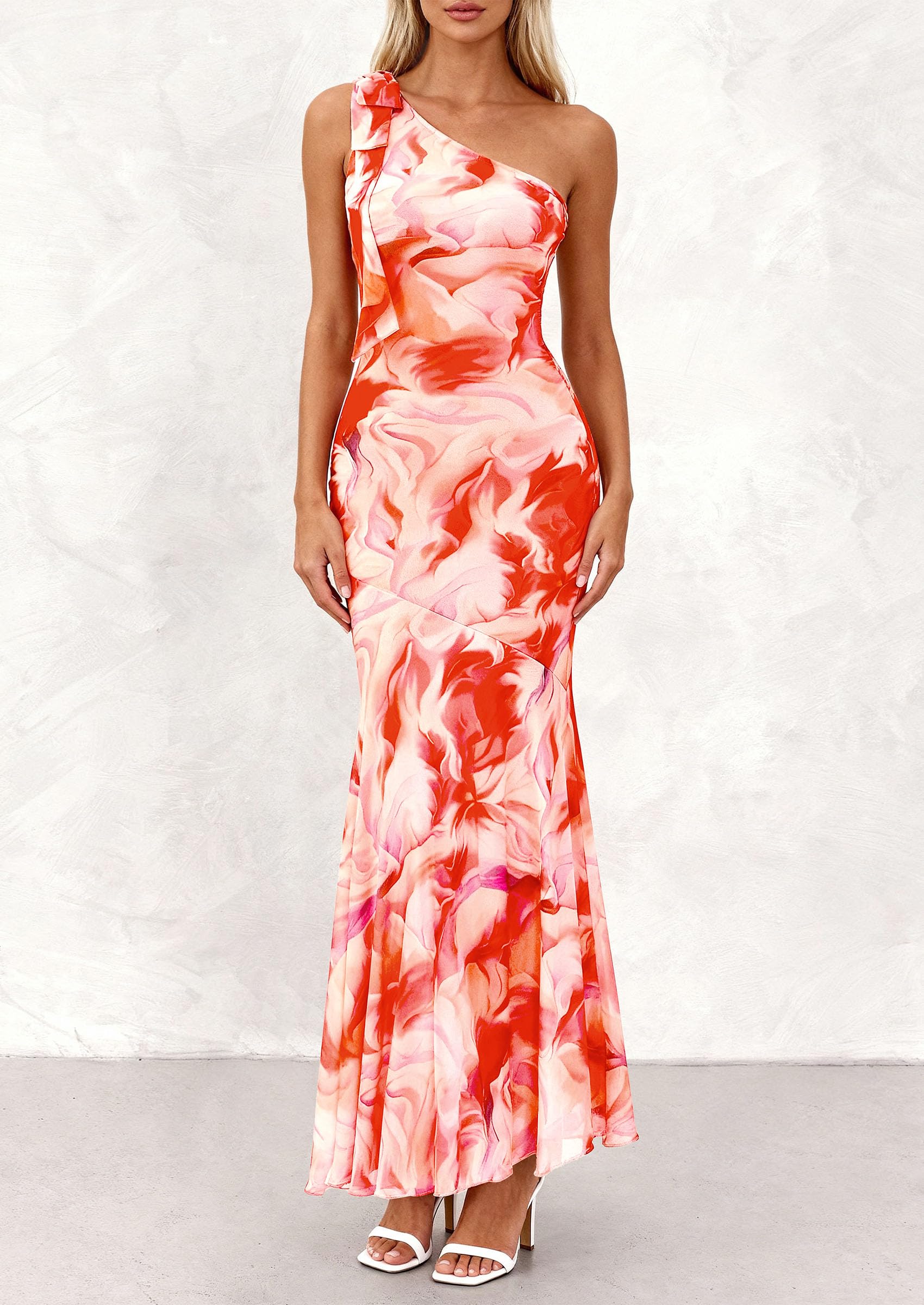 PRETTYGARDEN Womens Summer One Shoulder Maxi Dress Floral Sleeveless Bodycon Mesh Long Formal Wedding Guest Dresses PRETTYGARDEN