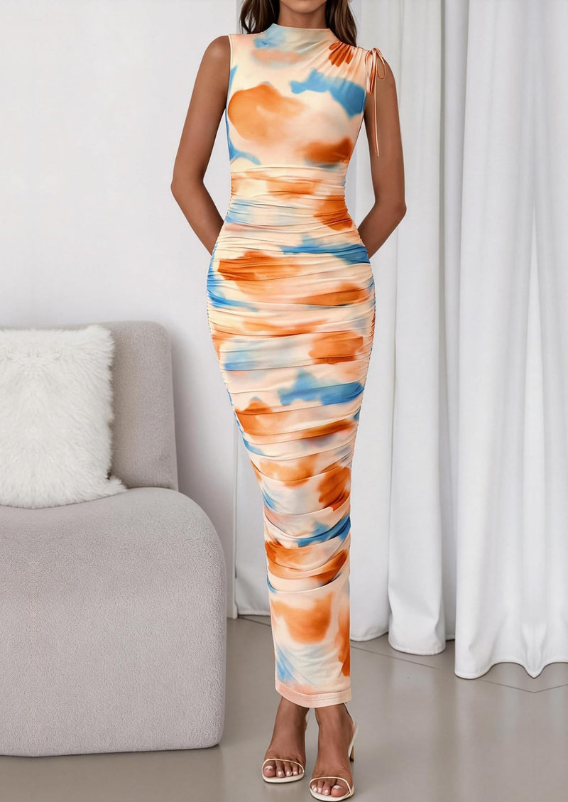 PRETTYGARDEN Women's Summer Maxi Floral Dresses Ruched Bodycon Sleeveless Mesh Formal Wedding Guest Cocktail Split Long Dress PRETTYGARDEN