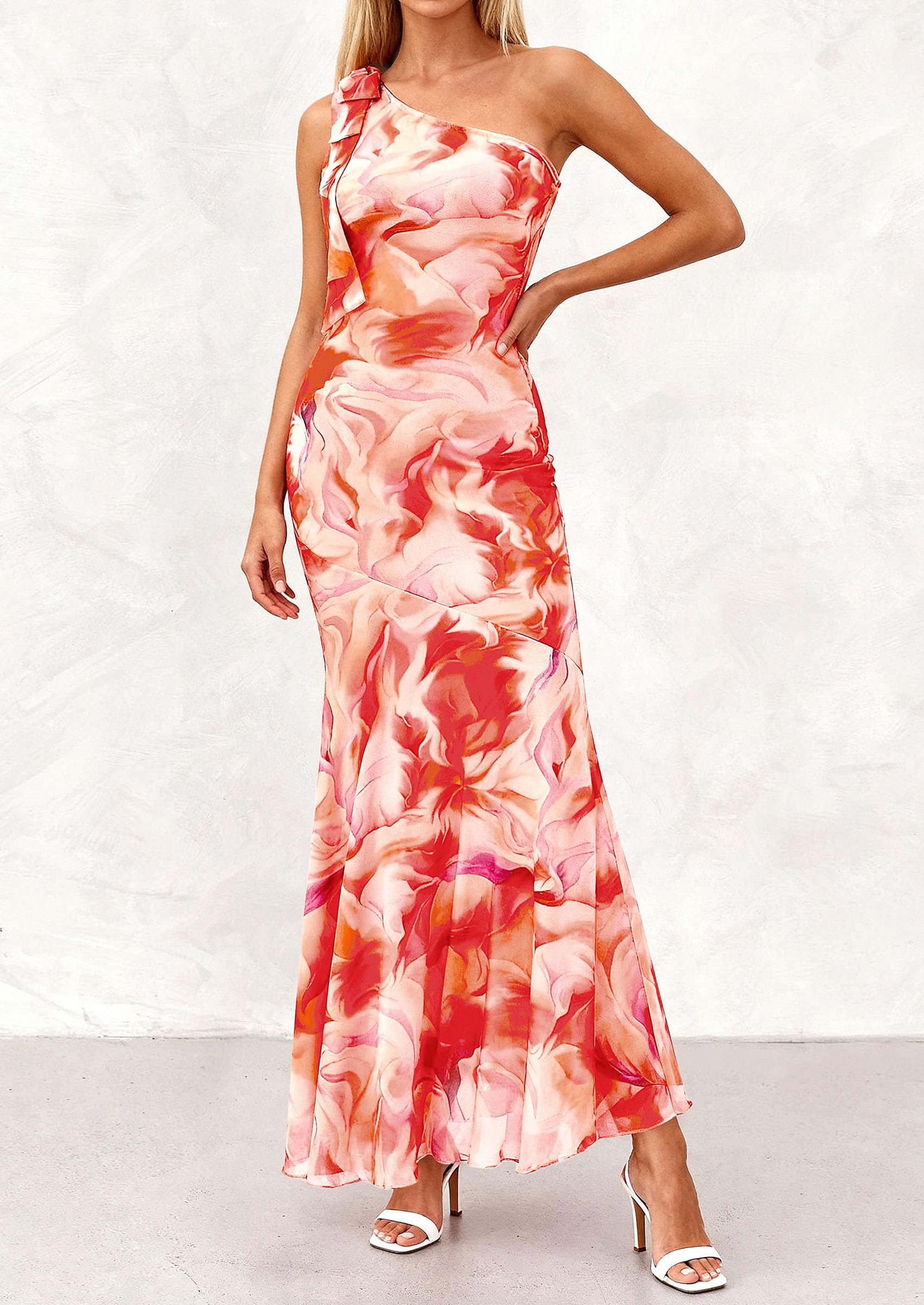 PRETTYGARDEN Womens Summer One Shoulder Maxi Dress Floral Sleeveless Bodycon Mesh Long Formal Wedding Guest Dresses PRETTYGARDEN