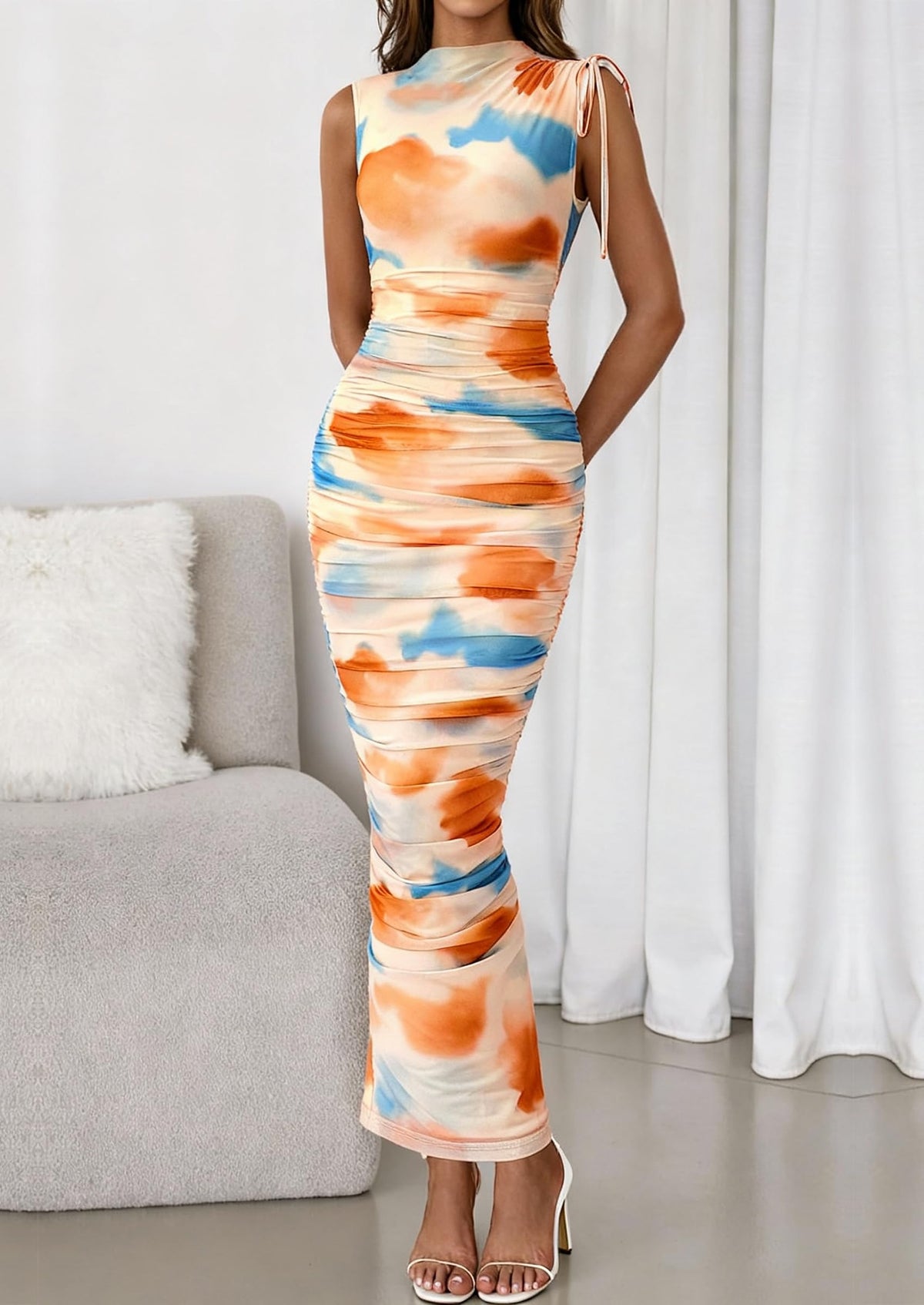 PRETTYGARDEN Women's Summer Maxi Floral Dresses Ruched Bodycon Sleeveless Mesh Formal Wedding Guest Cocktail Split Long Dress PRETTYGARDEN