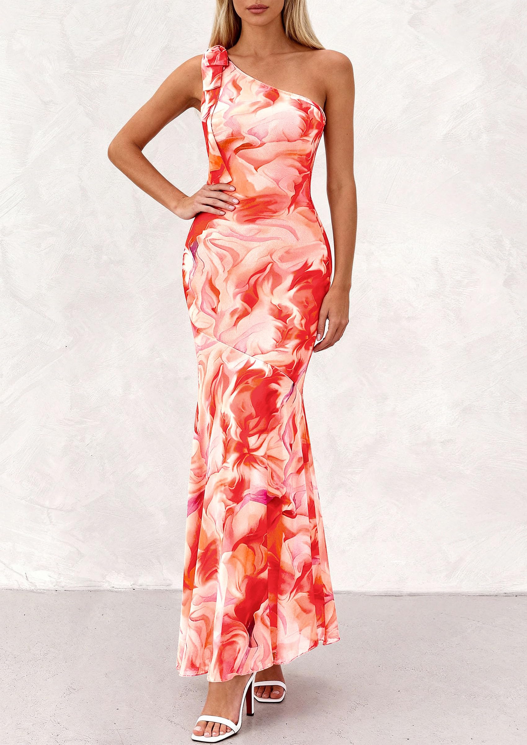 PRETTYGARDEN Womens Summer One Shoulder Maxi Dress Floral Sleeveless Bodycon Mesh Long Formal Wedding Guest Dresses PRETTYGARDEN