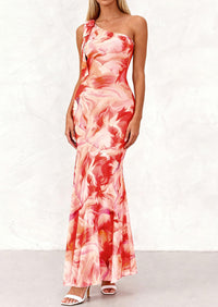 PRETTYGARDEN Womens Summer One Shoulder Maxi Dress Floral Sleeveless Bodycon Mesh Long Formal Wedding Guest Dresses PRETTYGARDEN