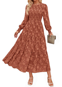 PRETTYGARDEN Fall Floral Long Sleeve Wedding Guest Dress for Women Pockets | Casual Textured Jacquard Smocked High Waist A-line Boho Flowy Midi Dress, Semi Formal Cocktail Dresses for Women 2026