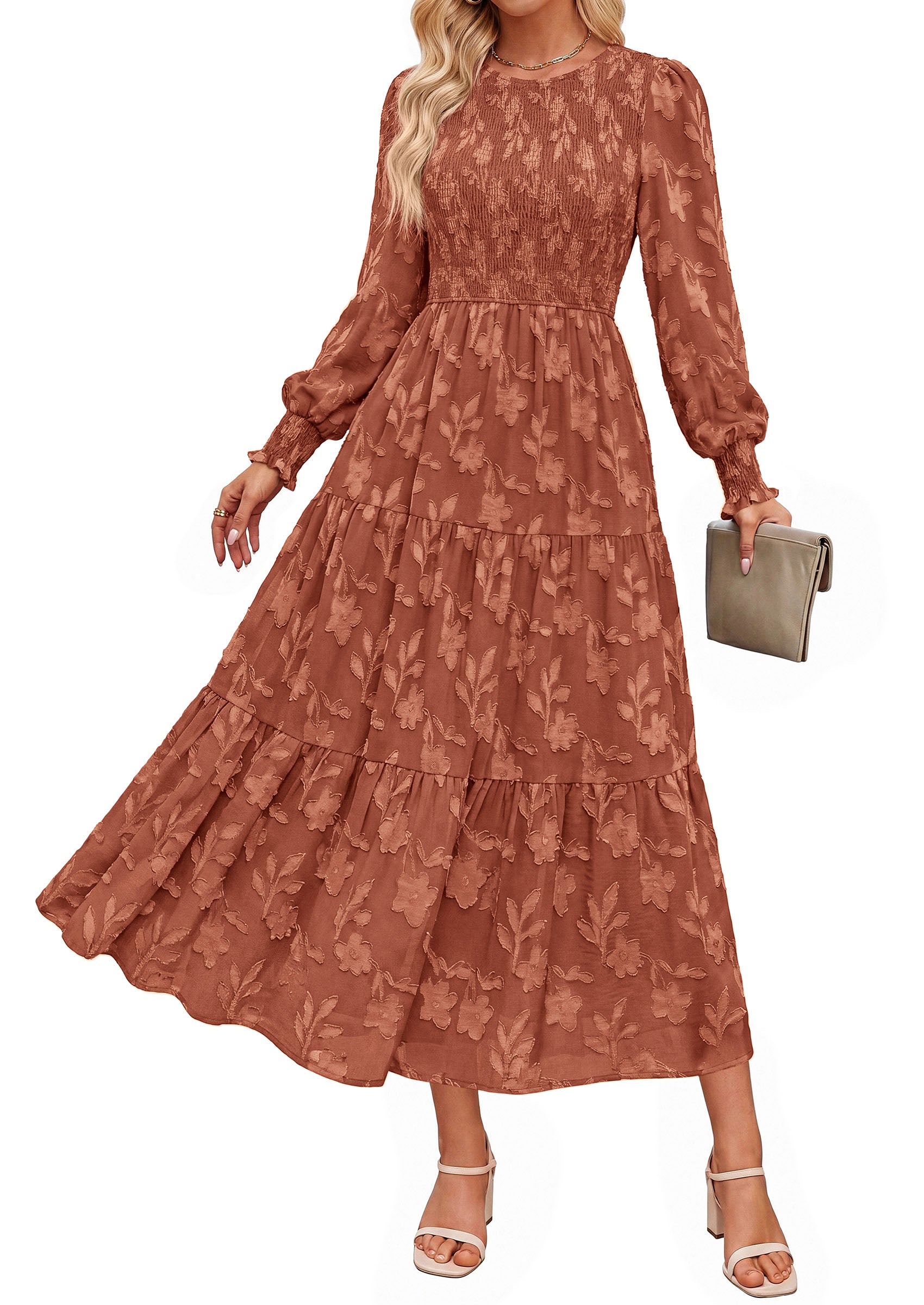 PRETTYGARDEN Fall Floral Long Sleeve Wedding Guest Dress for Women Pockets | Casual Textured Jacquard Smocked High Waist A-line Boho Flowy Midi Dress, Semi Formal Cocktail Dresses for Women 2026