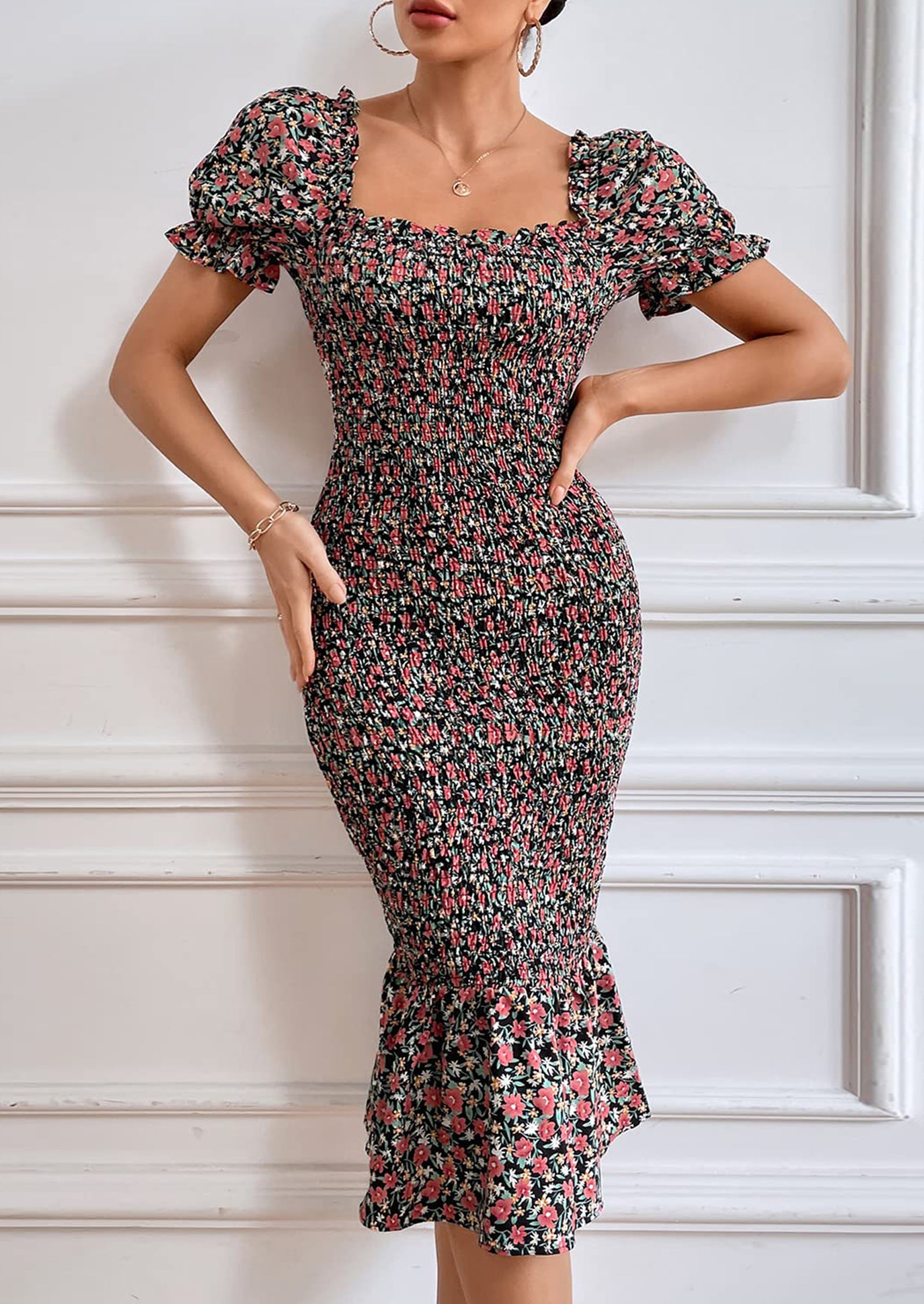 PRETTYGARDEN Bodycon Midi Dresses Summer Floral Puff Sleeve Mermaid Cocktail Baby Shower Photoshoot Maternity Dress