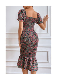 PRETTYGARDEN Bodycon Midi Dresses Summer Floral Puff Sleeve Mermaid Cocktail Baby Shower Photoshoot Maternity Dress