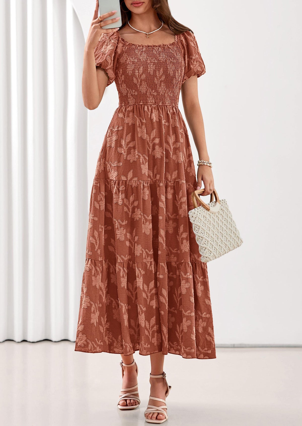 PRETTYGARDEN Women's 2026 Summer Boho Maxi Dresses Floral Short Sleeve Square Neck Smocked Flowy Long Dress Vacation Outfits PRETTYGARDEN