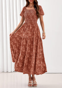 PRETTYGARDEN Women's 2026 Summer Boho Maxi Dresses Floral Short Sleeve Square Neck Smocked Flowy Long Dress Vacation Outfits PRETTYGARDEN