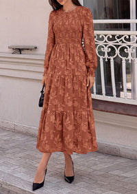 PRETTYGARDEN Fall Floral Long Sleeve Wedding Guest Dress for Women Pockets | Casual Textured Jacquard Smocked High Waist A-line Boho Flowy Midi Dress, Semi Formal Cocktail Dresses for Women 2026
