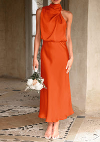 PRETTYGARDEN Women's Summer Satin Dress Elegant Sleeveless Mock Neck Cocktail Party Maxi Dresses