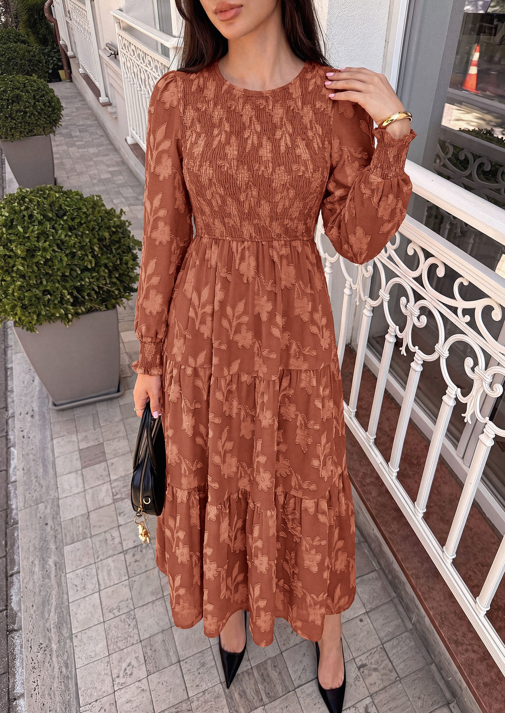 PRETTYGARDEN Fall Floral Long Sleeve Wedding Guest Dress for Women Pockets | Casual Textured Jacquard Smocked High Waist A-line Boho Flowy Midi Dress, Semi Formal Cocktail Dresses for Women 2026