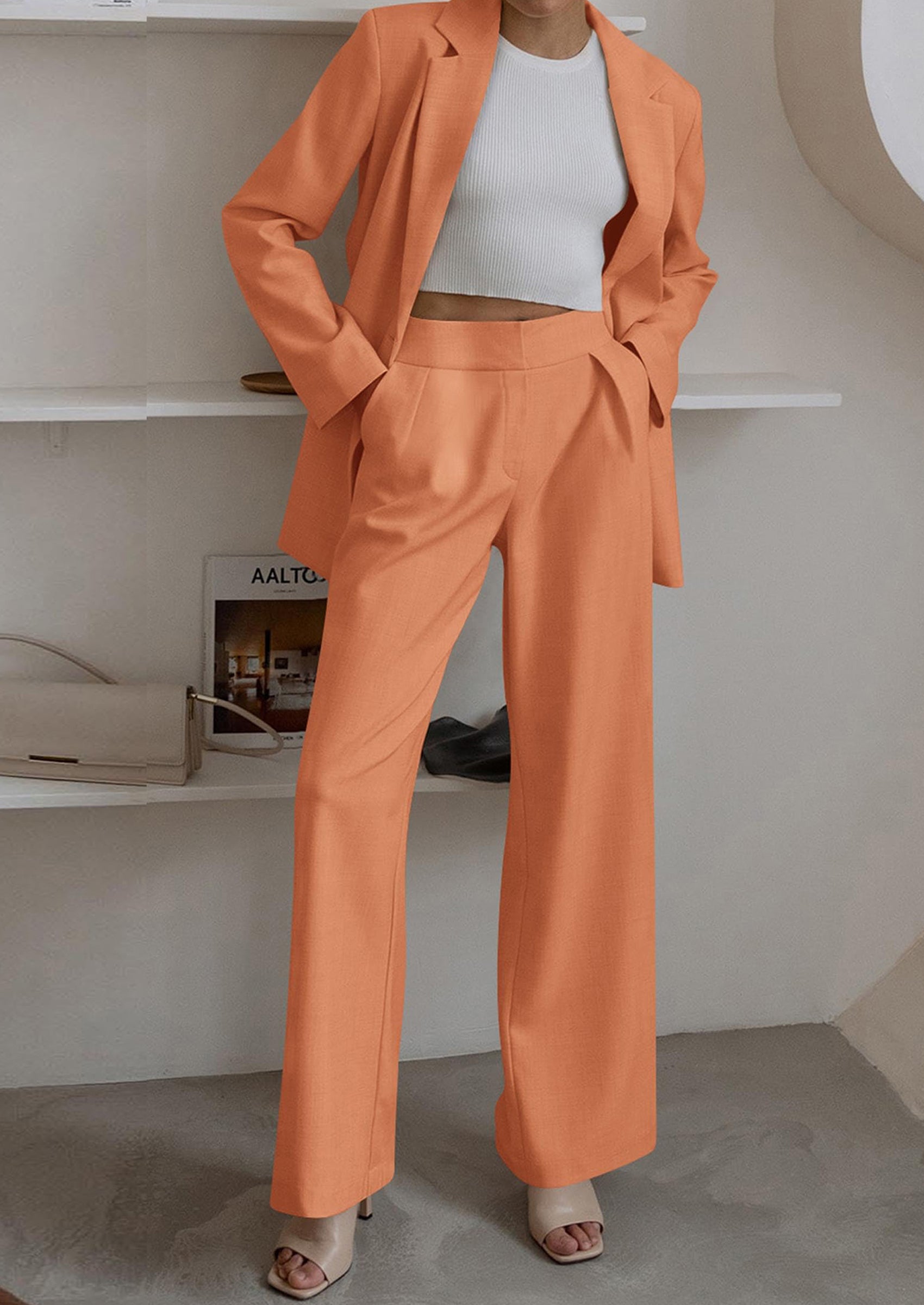 PRETTYGARDEN Women's Fall Two Piece Outfits Dressy Blazer Jacket and Wide Leg Pants Pockets Business Casual Office Suit Sets