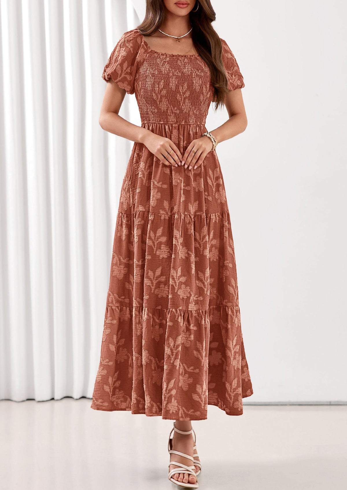 PRETTYGARDEN Women's 2026 Summer Boho Maxi Dresses Floral Short Sleeve Square Neck Smocked Flowy Long Dress Vacation Outfits PRETTYGARDEN