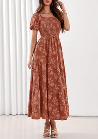 PRETTYGARDEN Women's 2026 Summer Boho Maxi Dresses Floral Short Sleeve Square Neck Smocked Flowy Long Dress Vacation Outfits PRETTYGARDEN