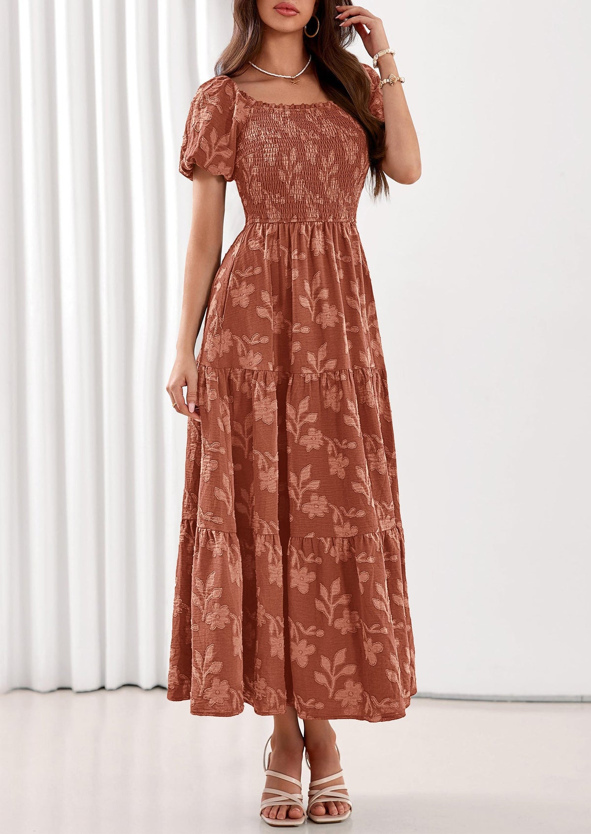 PRETTYGARDEN Women's 2026 Summer Boho Maxi Dresses Floral Short Sleeve Square Neck Smocked Flowy Long Dress Vacation Outfits PRETTYGARDEN