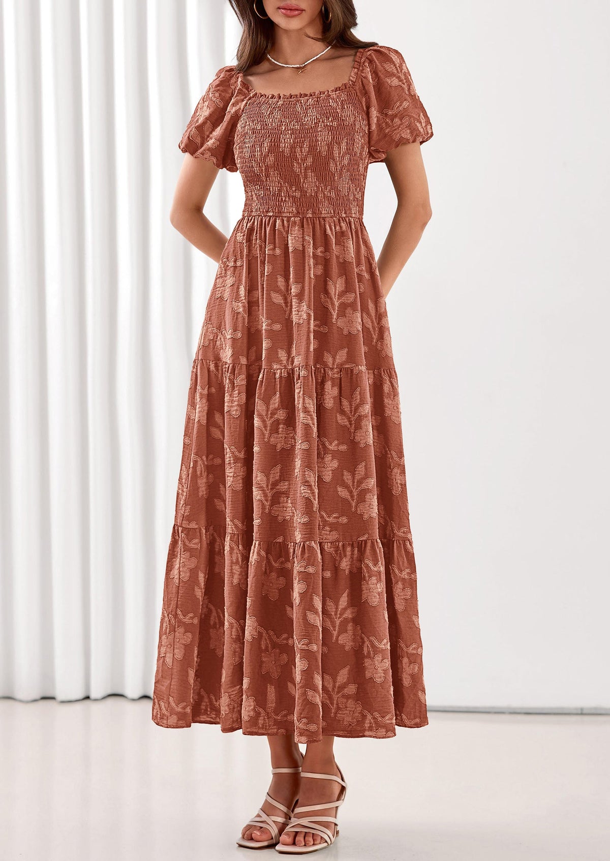 PRETTYGARDEN Women's 2026 Summer Boho Maxi Dresses Floral Short Sleeve Square Neck Smocked Flowy Long Dress Vacation Outfits PRETTYGARDEN