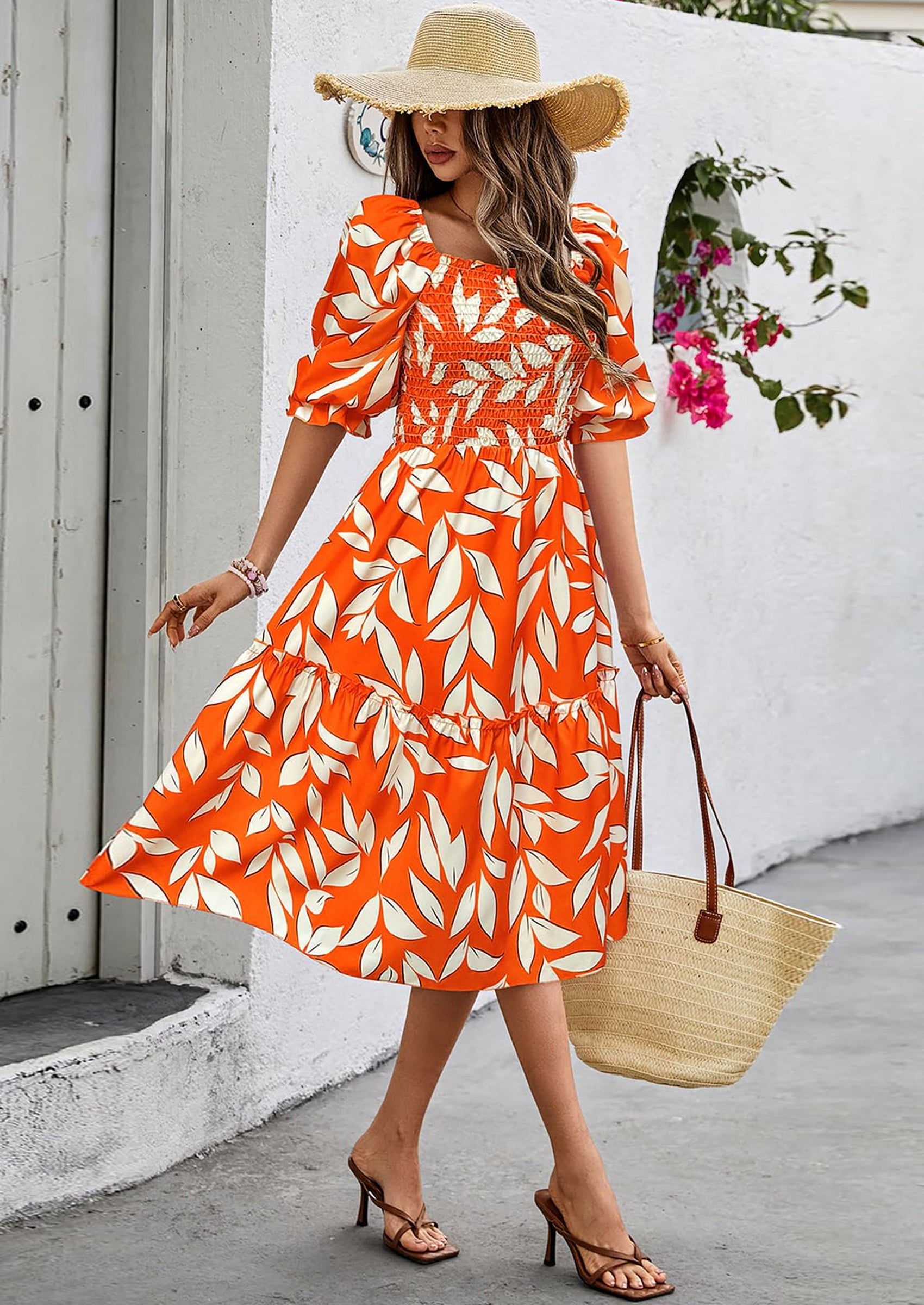 PRETTYGARDEN Women's Summer Casual Dresses Spring Puff Sleeve Square Neck A Line Flowy Boho Floral Smocked Midi Dress