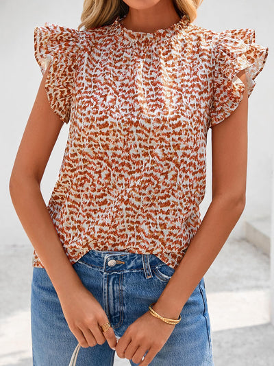 PRETTYGARDEN Women's Ruffle Short Sleeve Summer Tops Trendy Floral Trim Neck Casual Dressy Chiffon Boho Blouses Shirts PRETTYGARDEN