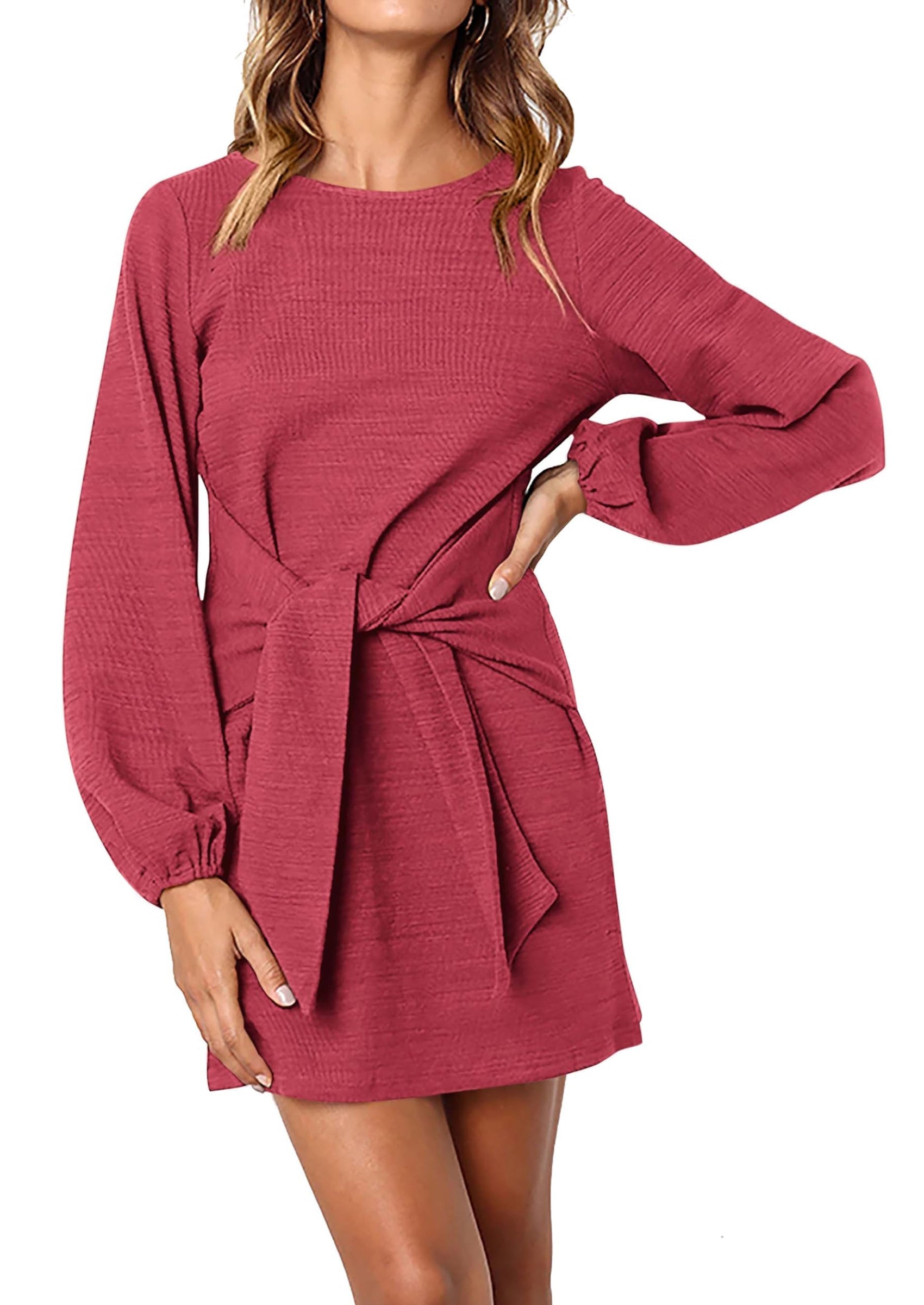 PRETTYGARDEN Womens Fall Elegant Long Lantern Sleeve Short Dress Wedding Guest Crewneck Tie Waist Knit Cocktail Dresses PRETTYGARDEN