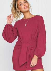 PRETTYGARDEN Womens Fall Elegant Long Lantern Sleeve Short Dress Wedding Guest Crewneck Tie Waist Knit Cocktail Dresses PRETTYGARDEN