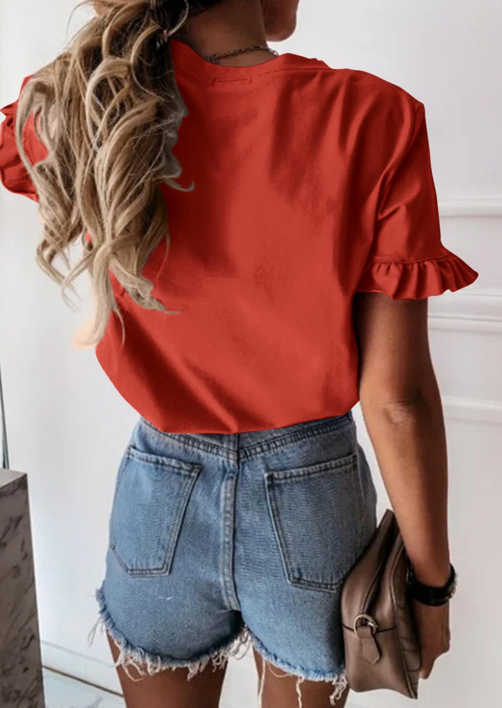 PRETTYGARDEN Women's Short Sleeve Casual T Shirts Summer Ruffle Plain Round Neck Loose Fit Tee Blouse Tops