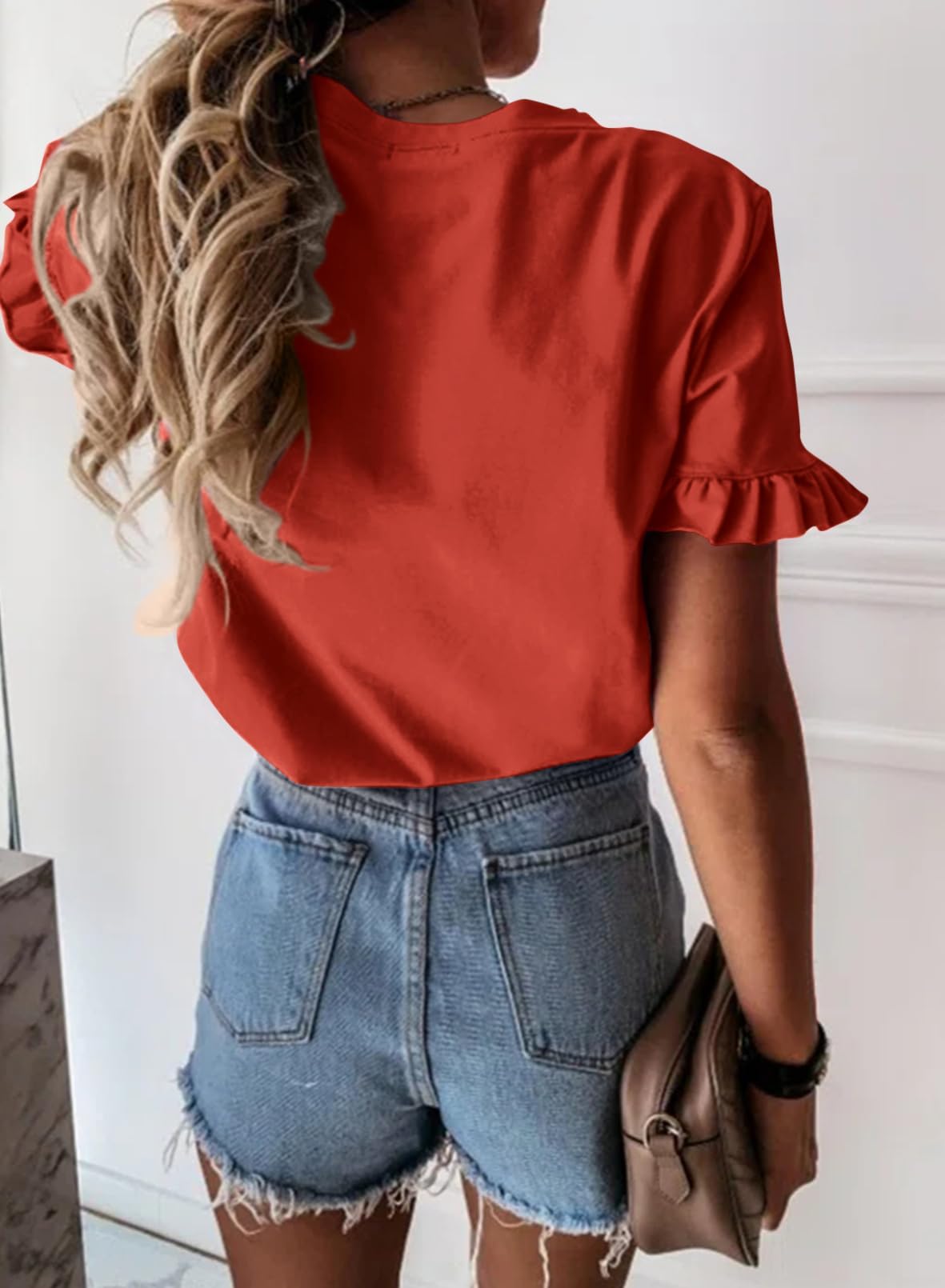 PRETTYGARDEN Women's Short Sleeve Casual T Shirts Summer Ruffle Plain Round Neck Loose Fit Tee Blouse Tops PRETTYGARDEN