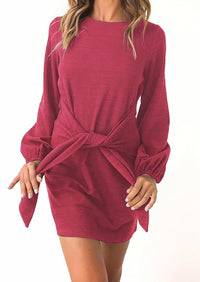 PRETTYGARDEN Womens Fall Elegant Long Lantern Sleeve Short Dress Wedding Guest Crewneck Tie Waist Knit Cocktail Dresses PRETTYGARDEN