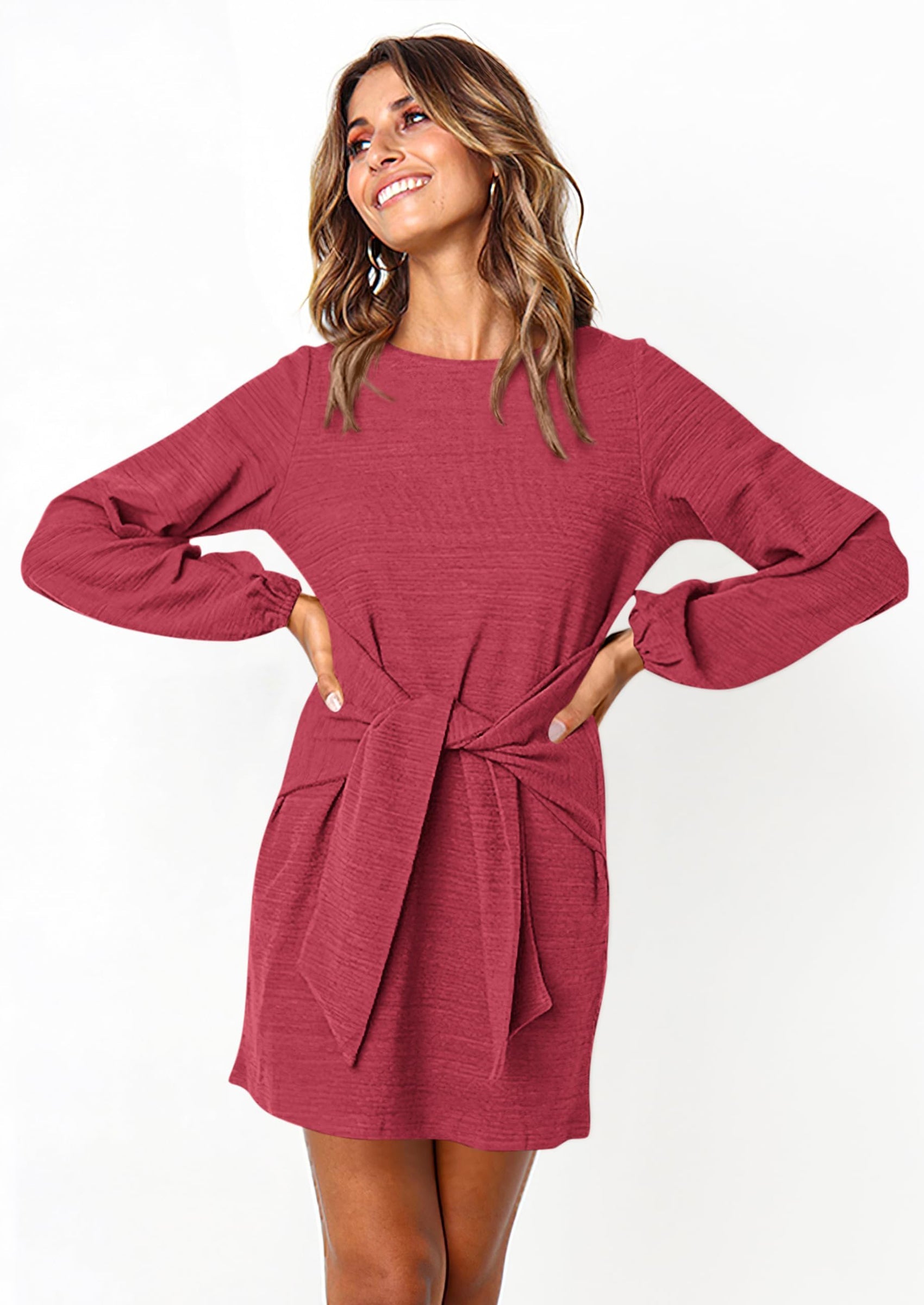 PRETTYGARDEN Womens Fall Elegant Long Lantern Sleeve Short Dress Wedding Guest Crewneck Tie Waist Knit Cocktail Dresses PRETTYGARDEN