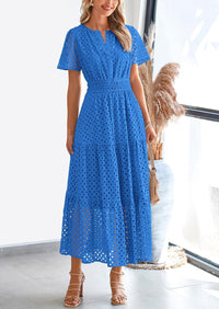 Womens 2025 Summer Maxi Dress Short Sleeve V Neck Hollow Out Eyelet A Line Long Flowy Beach Vacation Dresses