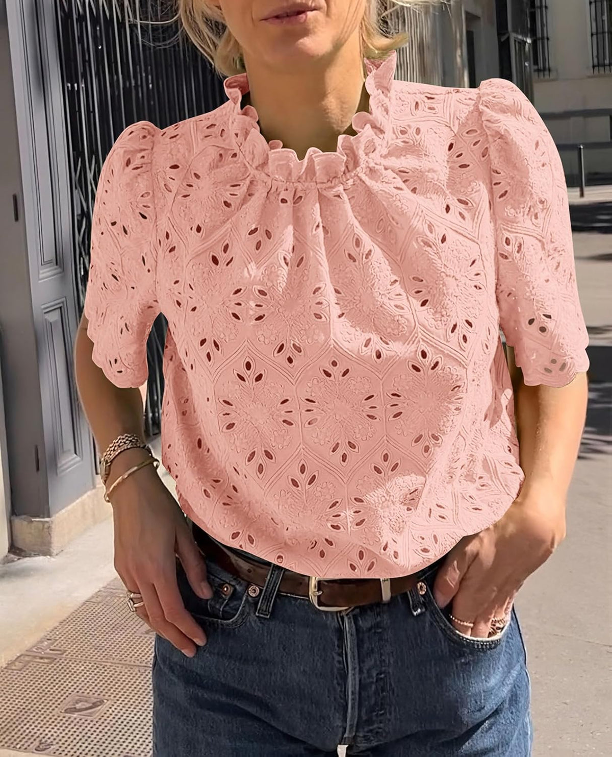 Women Trendy Short Sleeve Eyelet Embroidered Dressy Casual Blouse