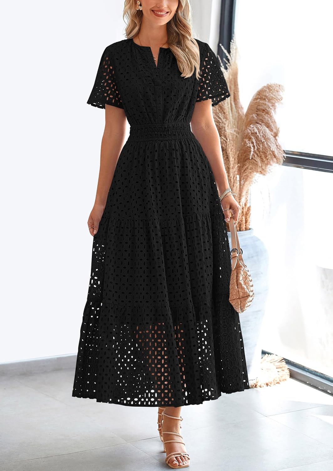 Womens 2025 Summer Maxi Dress Short Sleeve V Neck Hollow Out Eyelet A Line Long Flowy Beach Vacation Dresses