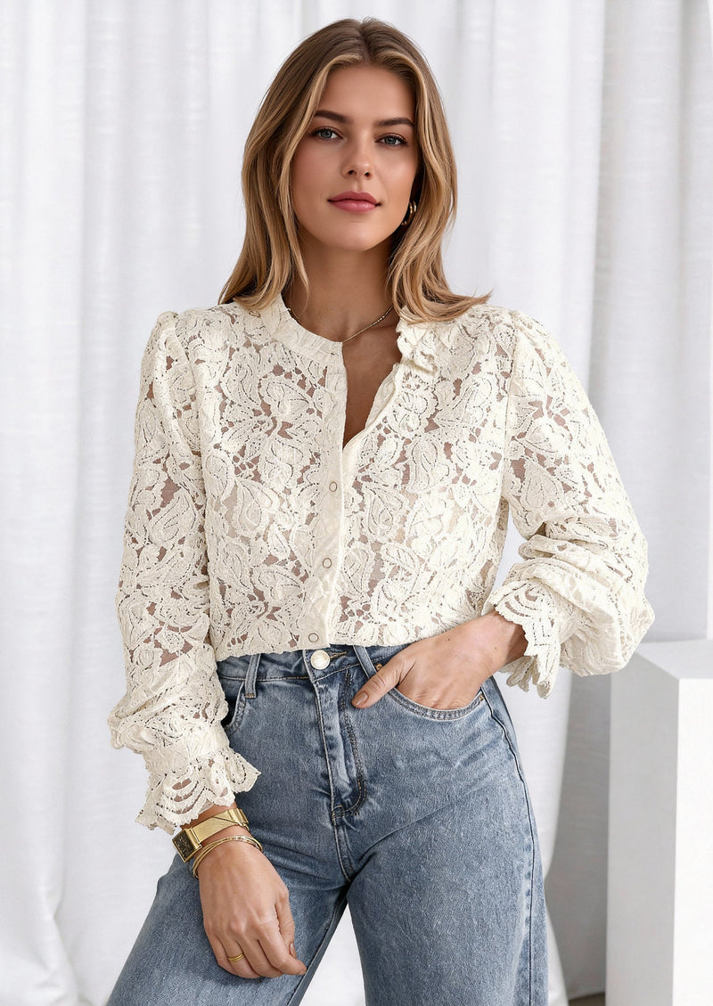 PRETTYGARDEN Women's Dressy Casual Lace Blouse Long Sleeve Button Up Shirts Tops Spring Fall Fashion Clothes PRETTYGARDEN