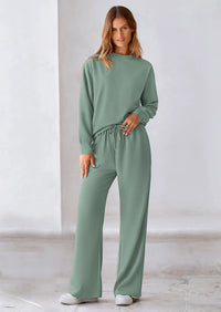 PRETTYGARDEN 2 Piece Long Sleeve Pullover Tops and Wide Leg Pants Knitted Lounge Sets PRETTYGARDEN
