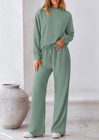 PRETTYGARDEN 2 Piece Long Sleeve Pullover Tops and Wide Leg Pants Knitted Lounge Sets PRETTYGARDEN