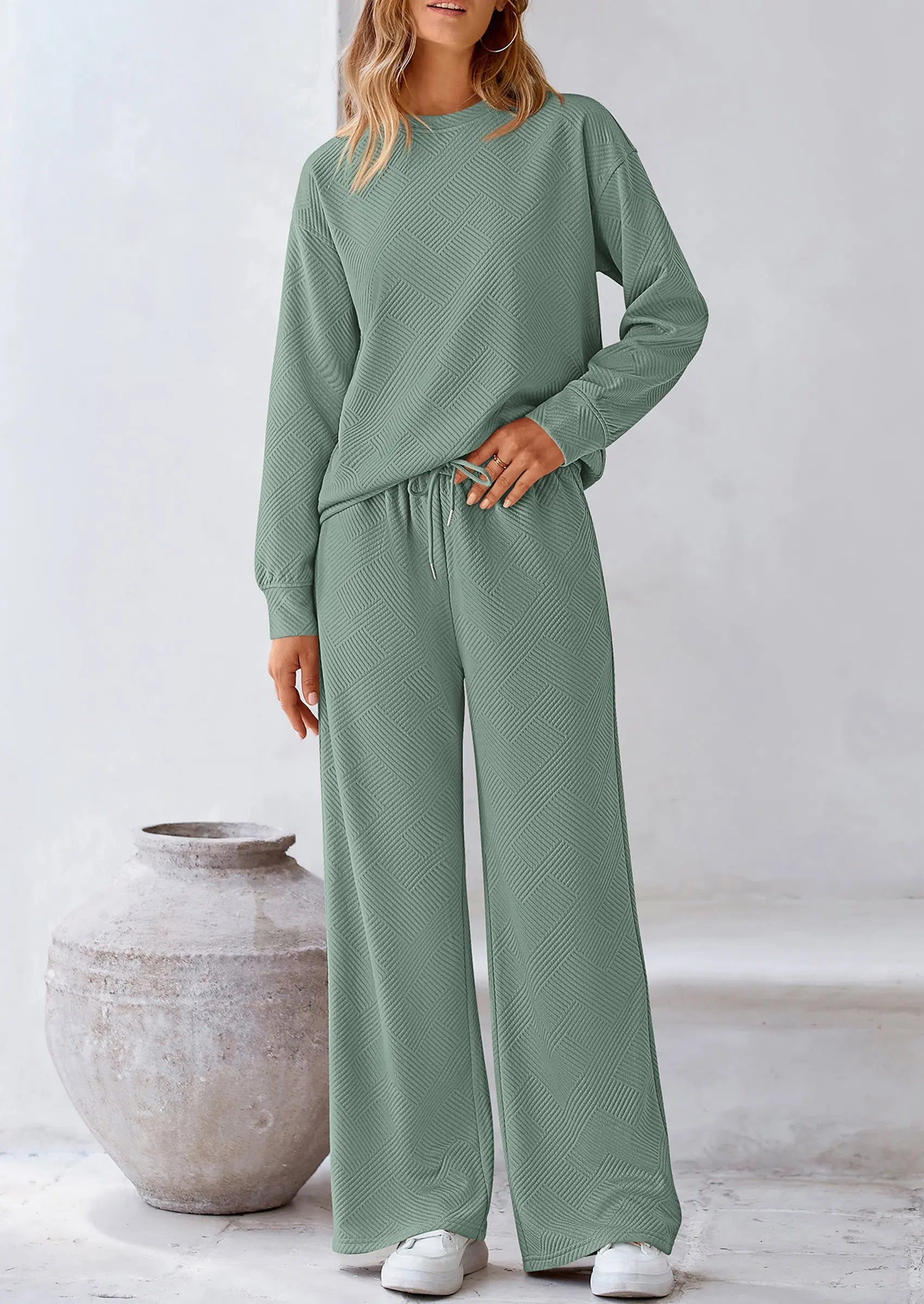 PRETTYGARDEN 2 Piece Long Sleeve Pullover Tops and Wide Leg Pants Knitted Lounge Sets PRETTYGARDEN