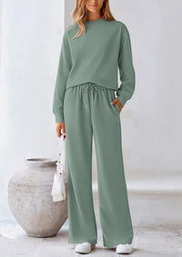 PRETTYGARDEN 2 Piece Long Sleeve Pullover Tops and Wide Leg Pants Knitted Lounge Sets PRETTYGARDEN