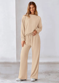 PRETTYGARDEN 2 Piece Long Sleeve Pullover Tops and Wide Leg Pants Knitted Lounge Sets PRETTYGARDEN