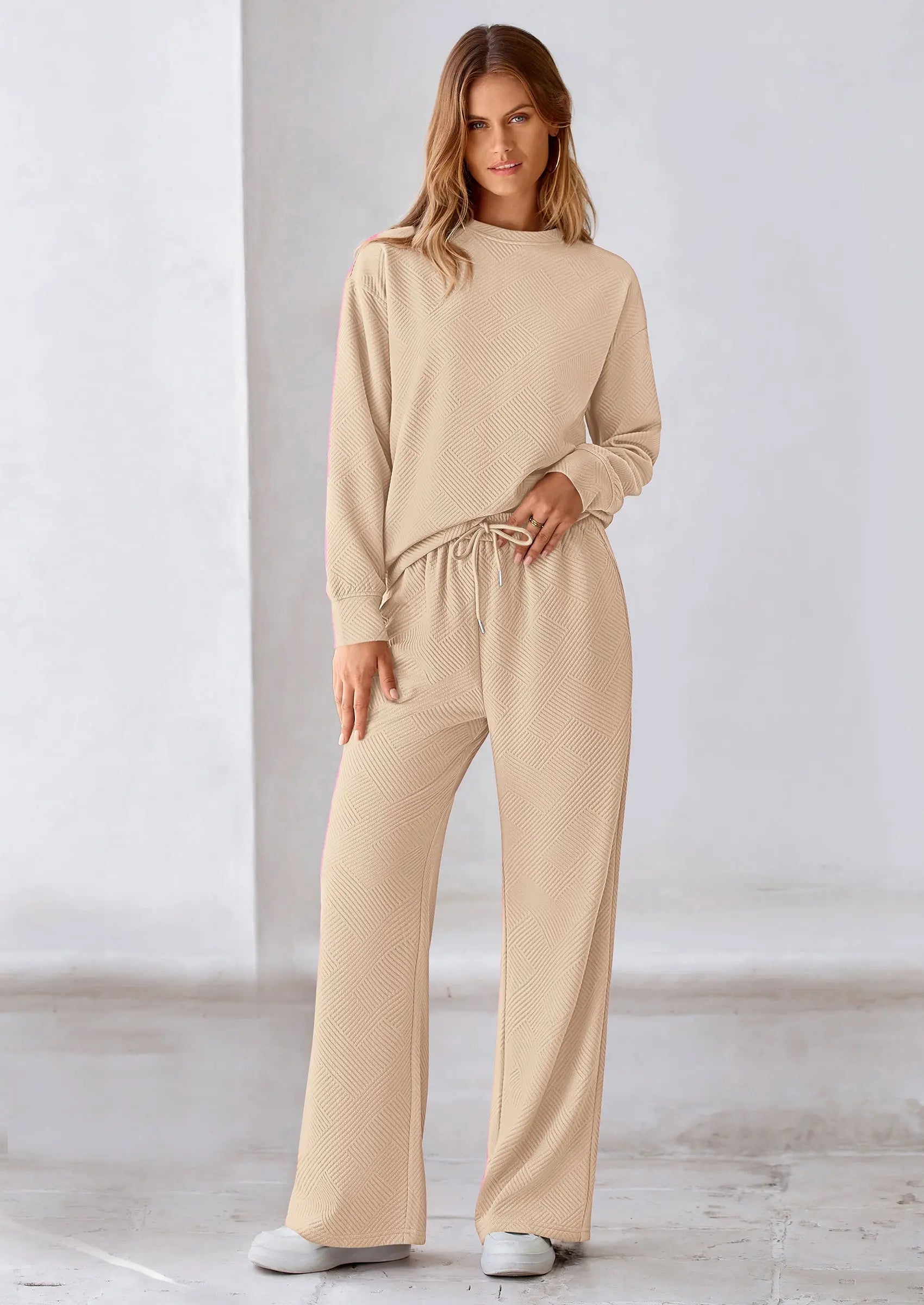 PRETTYGARDEN 2 Piece Long Sleeve Pullover Tops and Wide Leg Pants Knitted Lounge Sets PRETTYGARDEN