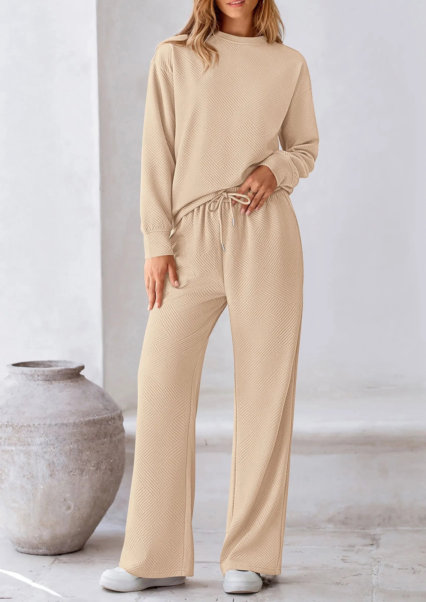 PRETTYGARDEN 2 Piece Long Sleeve Pullover Tops and Wide Leg Pants Knitted Lounge Sets PRETTYGARDEN