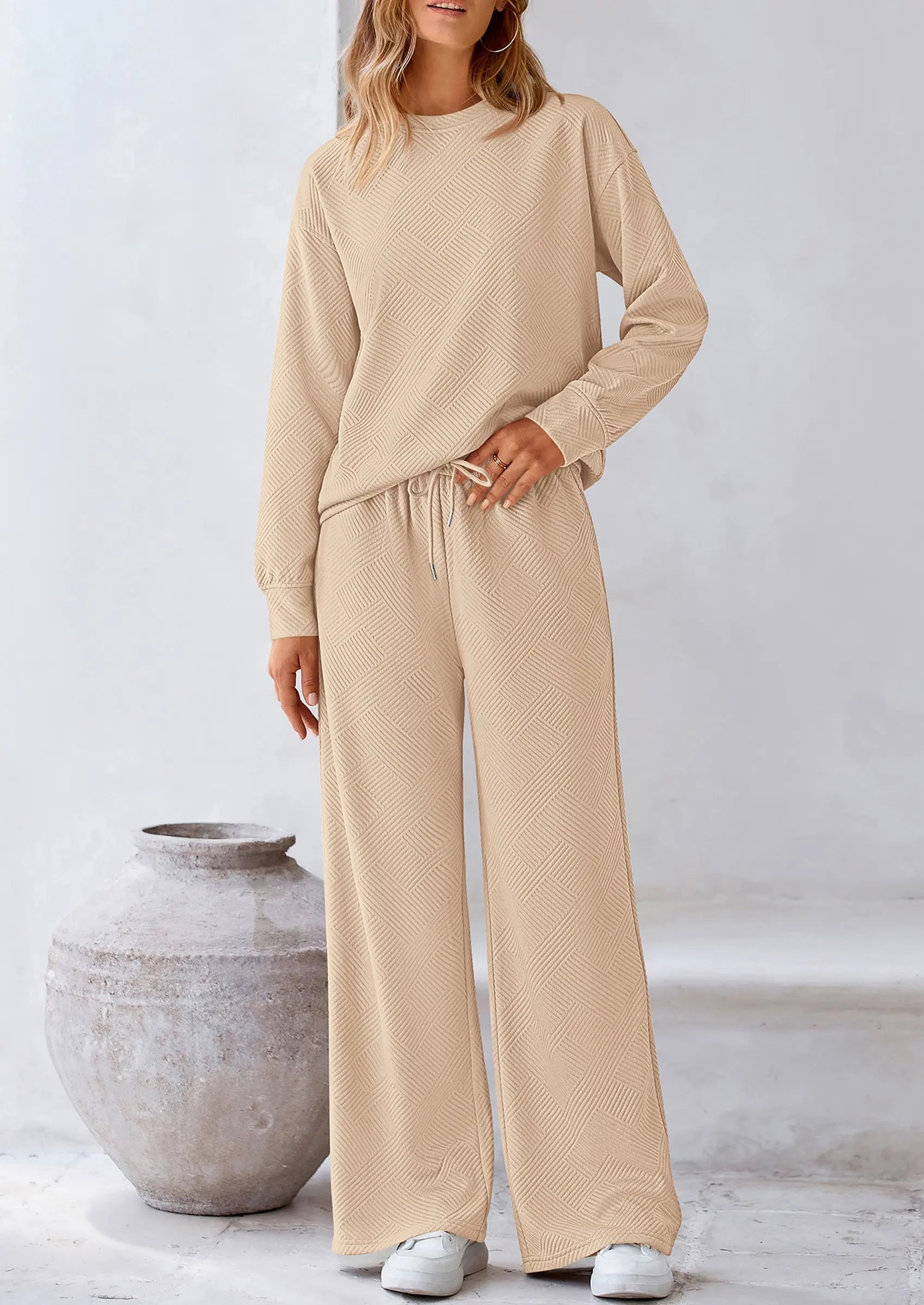 PRETTYGARDEN 2 Piece Long Sleeve Pullover Tops and Wide Leg Pants Knitted Lounge Sets PRETTYGARDEN