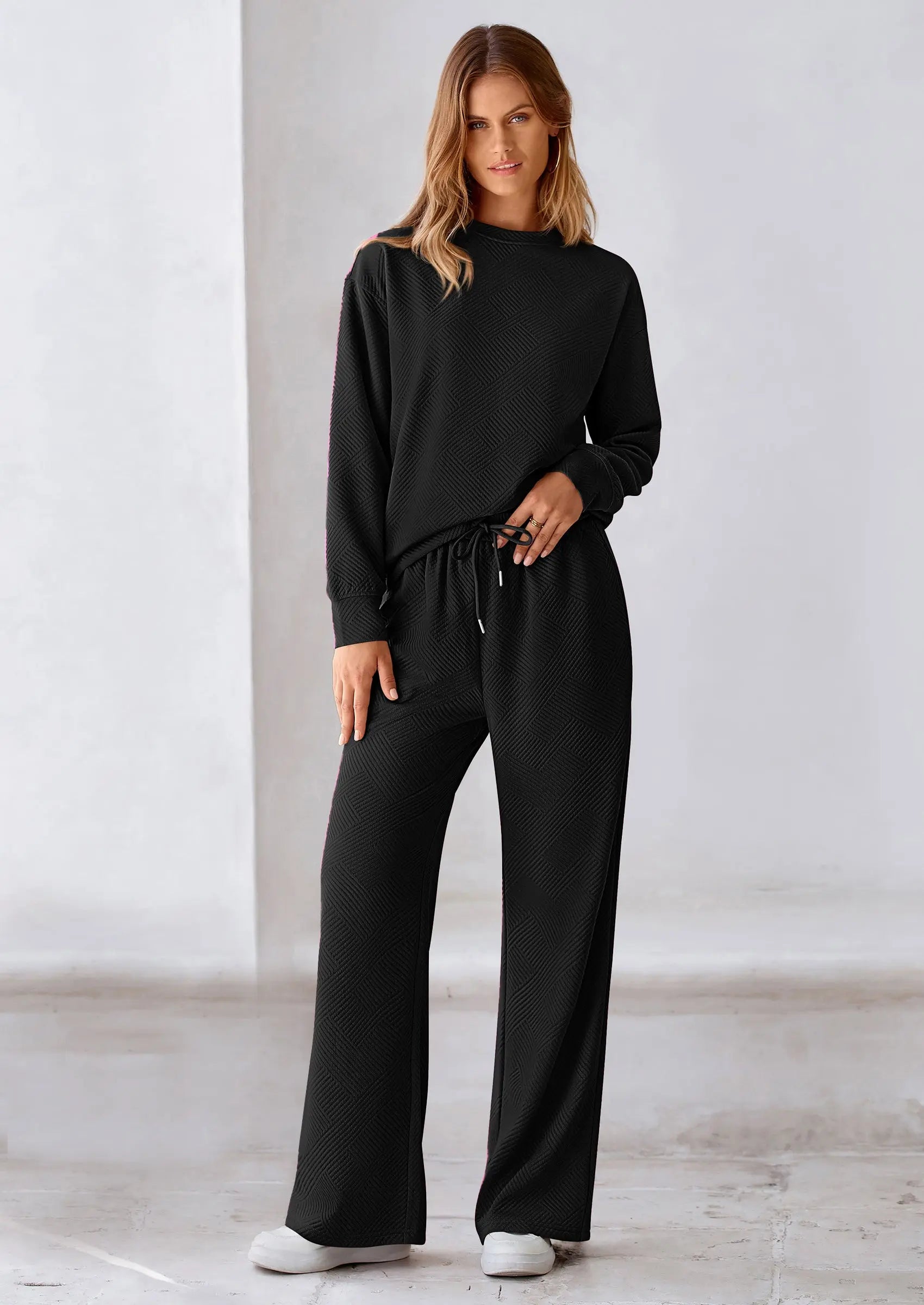 PRETTYGARDEN 2 Piece Long Sleeve Pullover Tops and Wide Leg Pants Knitted Lounge Sets PRETTYGARDEN