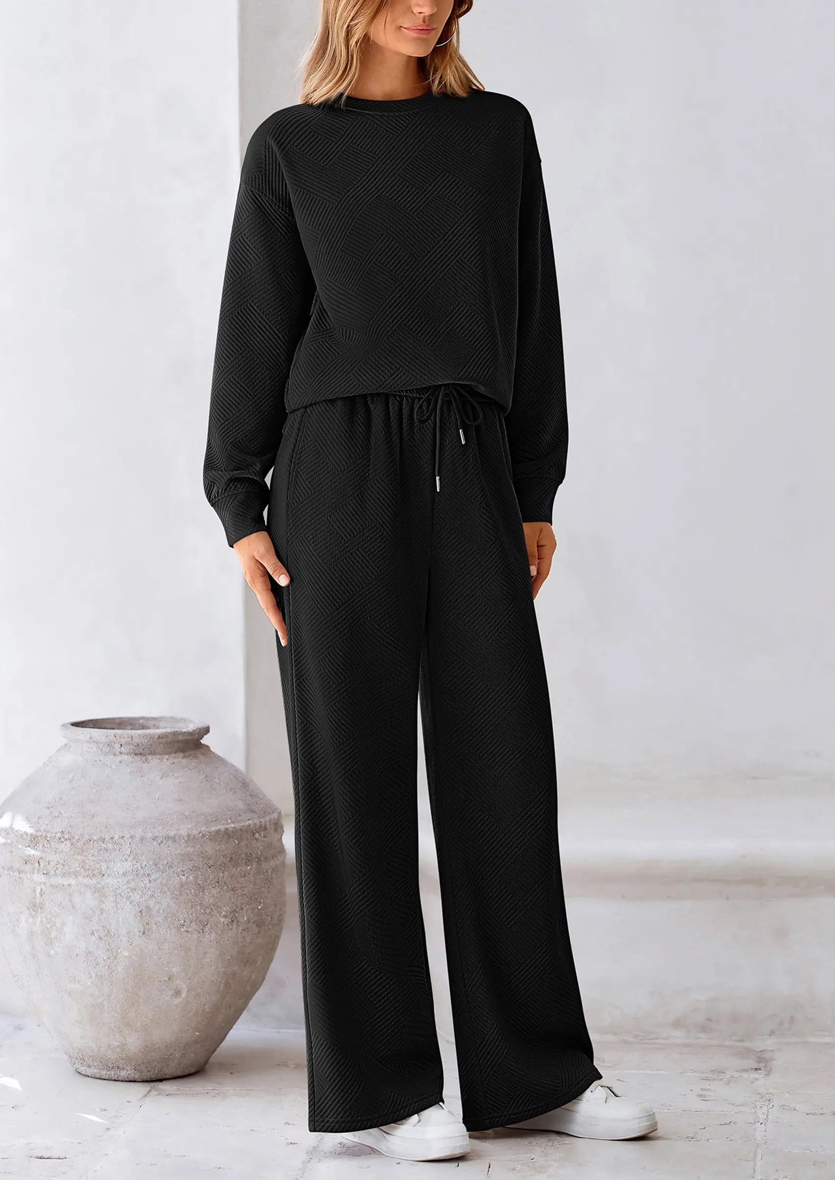 PRETTYGARDEN 2 Piece Long Sleeve Pullover Tops and Wide Leg Pants Knitted Lounge Sets PRETTYGARDEN