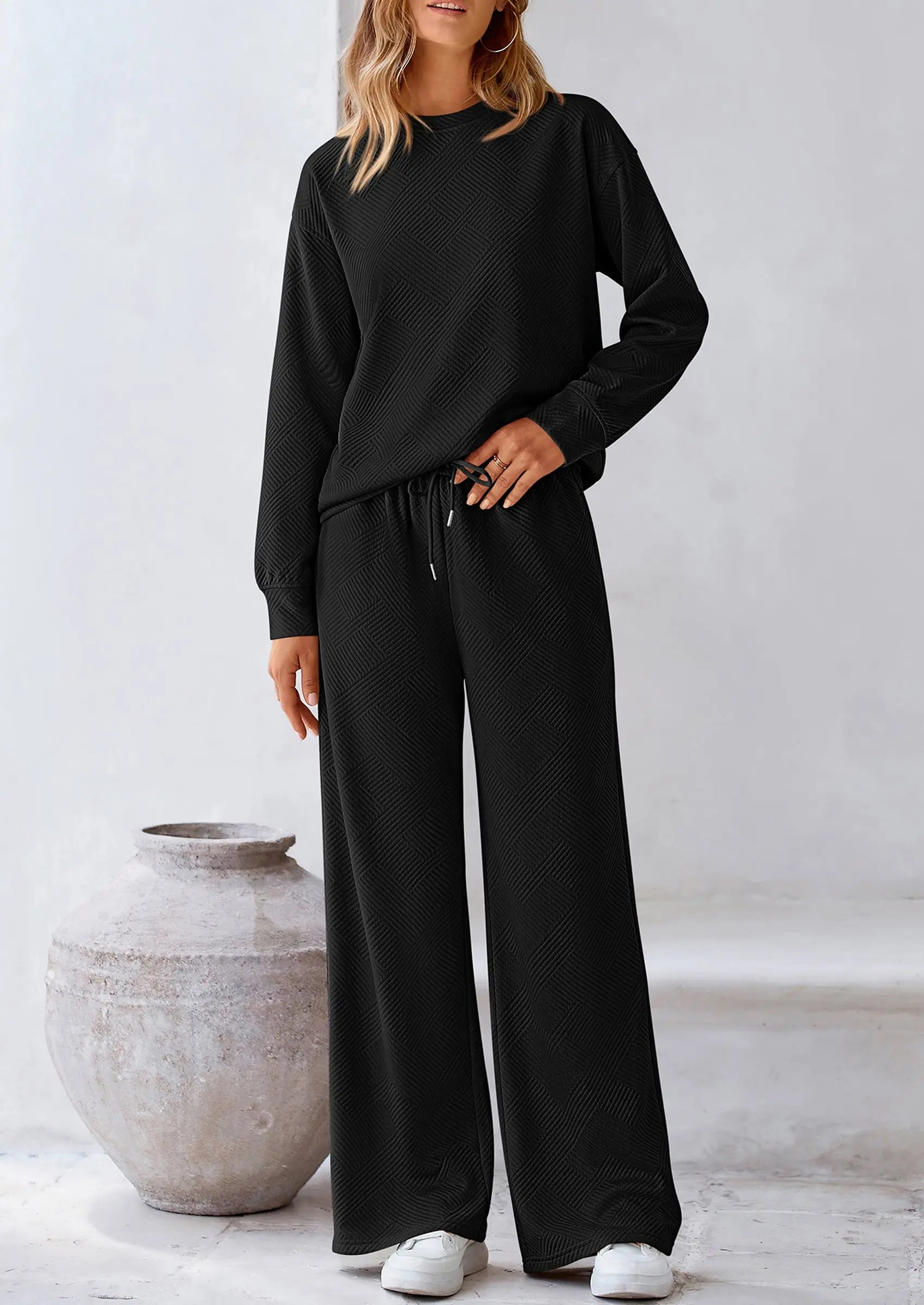 PRETTYGARDEN 2 Piece Long Sleeve Pullover Tops and Wide Leg Pants Knitted Lounge Sets PRETTYGARDEN